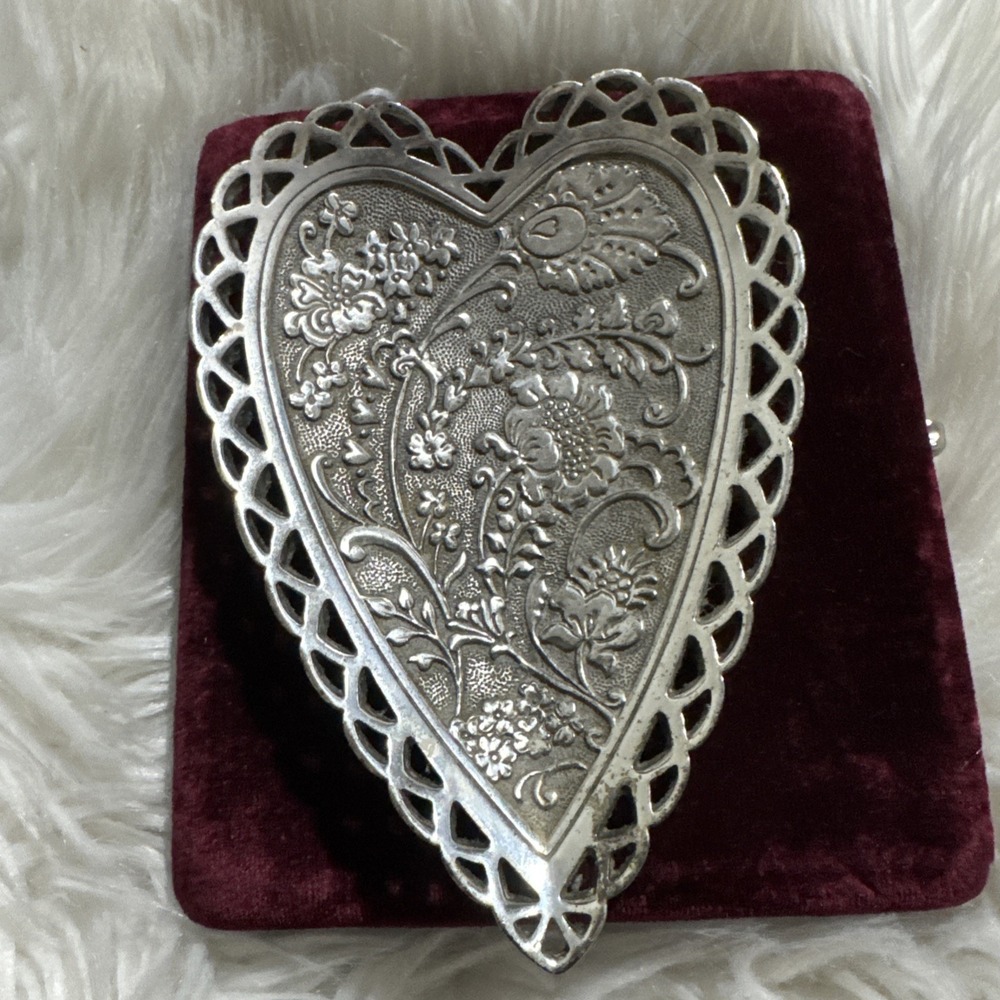 Brighton Vintage Silver Played Heart Shaped Trinket Jewelry Dish Large Floral